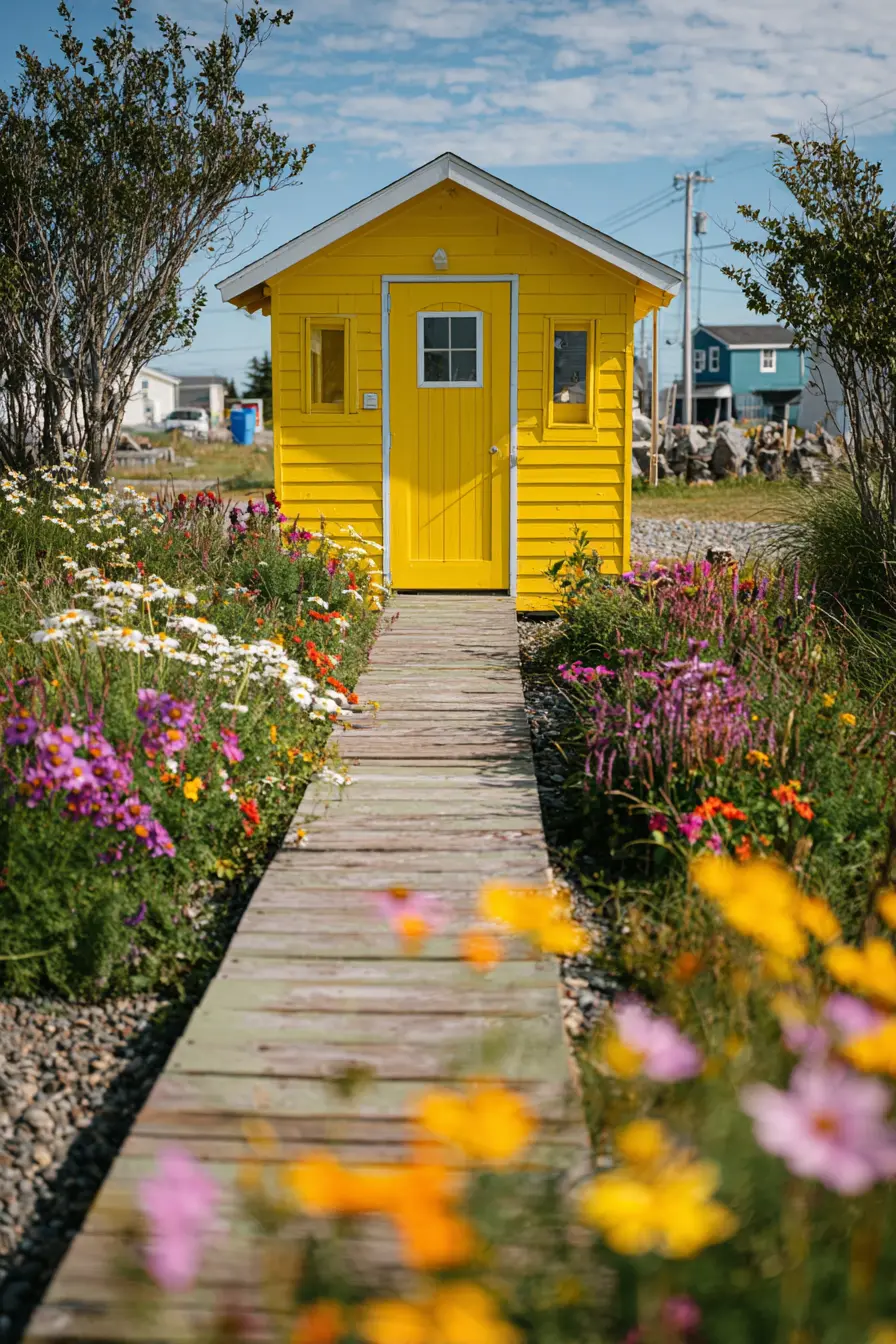 Bright Yellow Metal Shed for a Sunny Garden Look