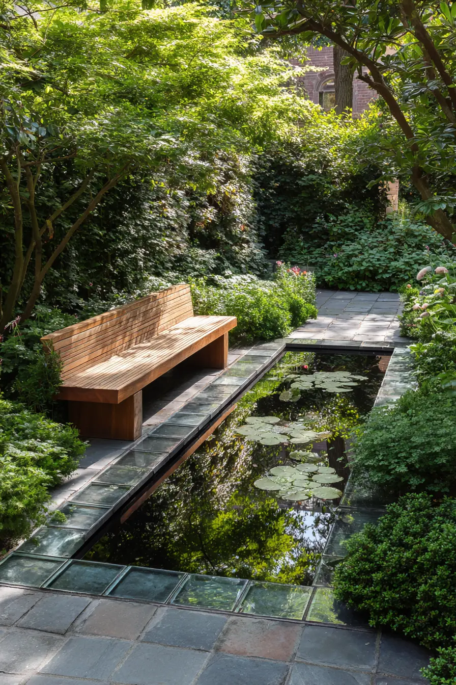 Stone Pathway with Reflective Garden Pond