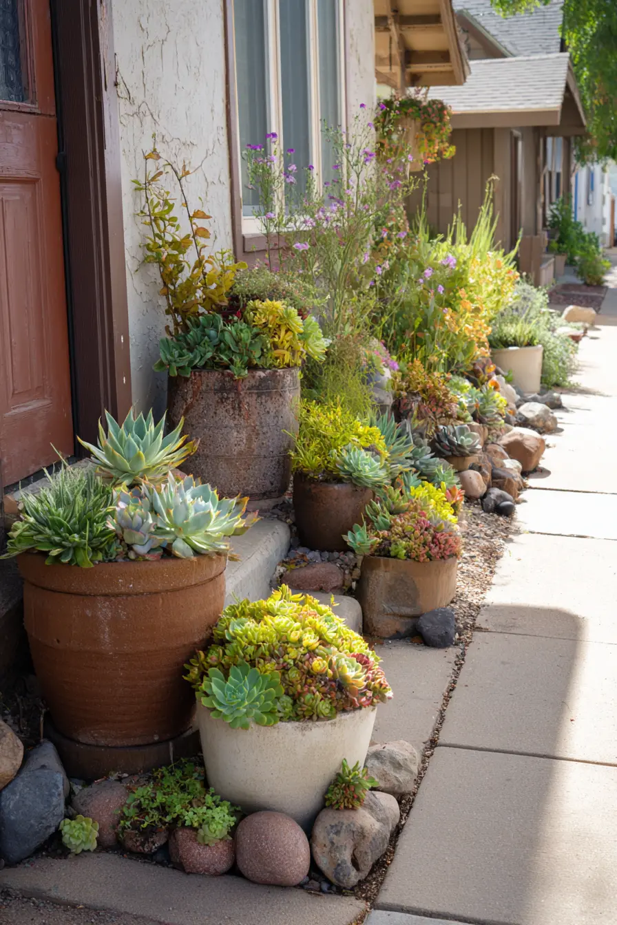 Succulent Driveway Planters with Natural Stone Accents