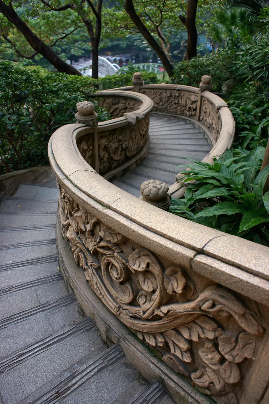 Curved Stone Ramp Handrail with Botanical Carvings
