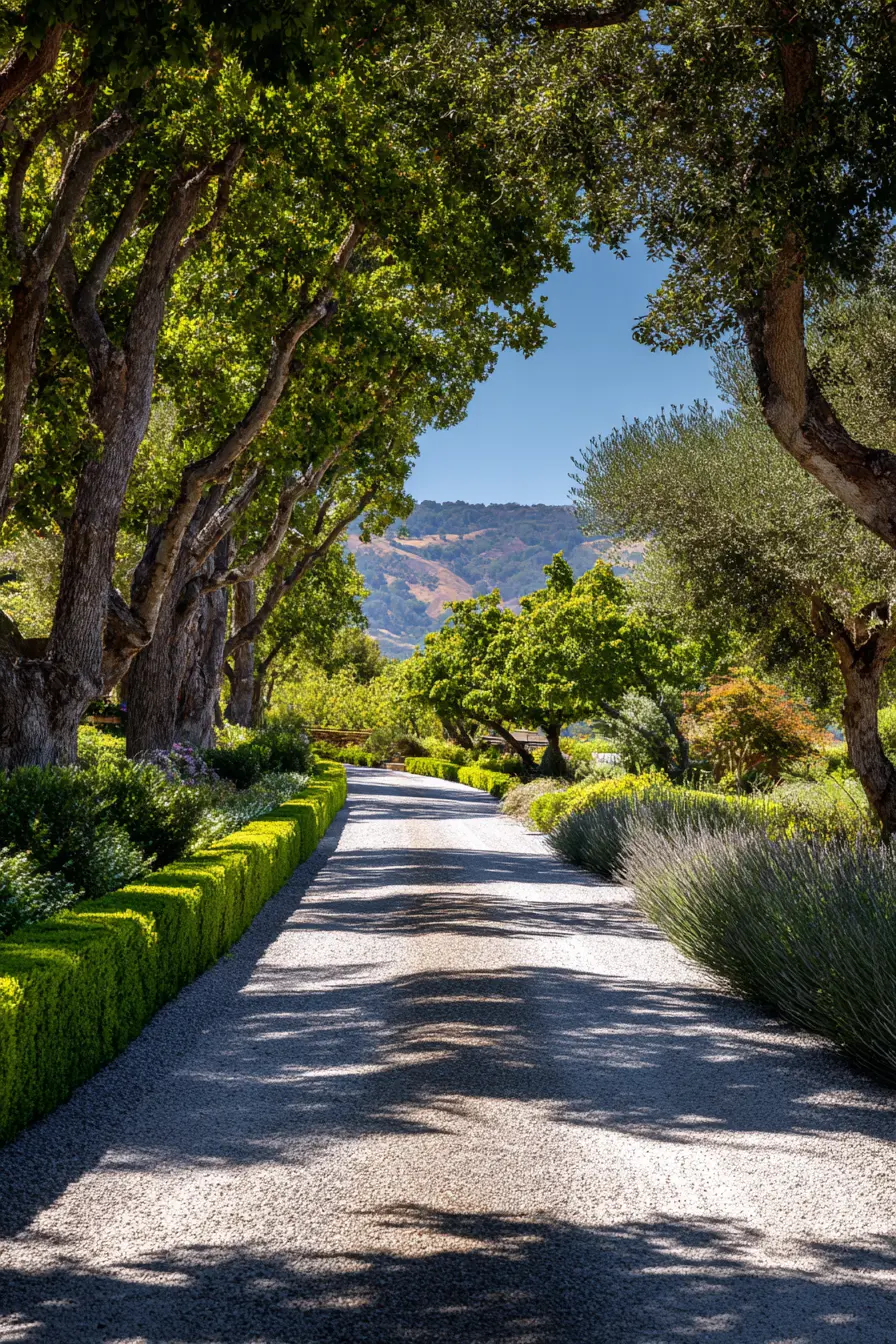 Shaded Pea Gravel Driveway with Garden Borders