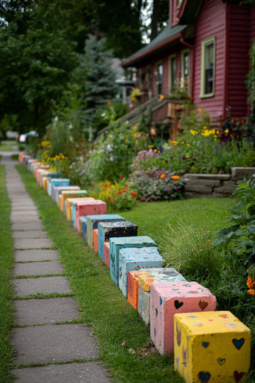 Playful Painted Concrete Blocks for a Cheerful Front Yard