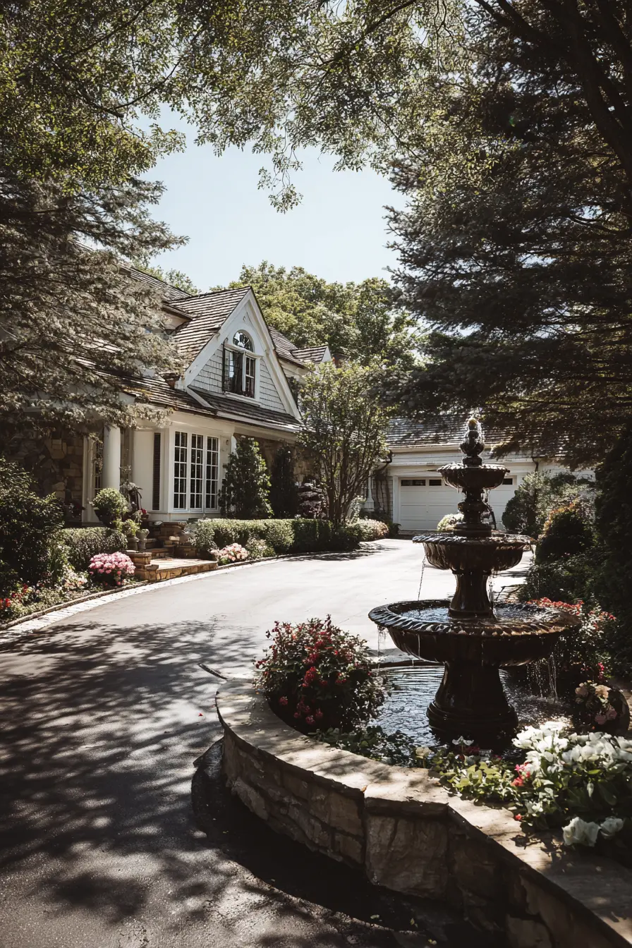 Driveway Entrance with Elegant Fountain Feature