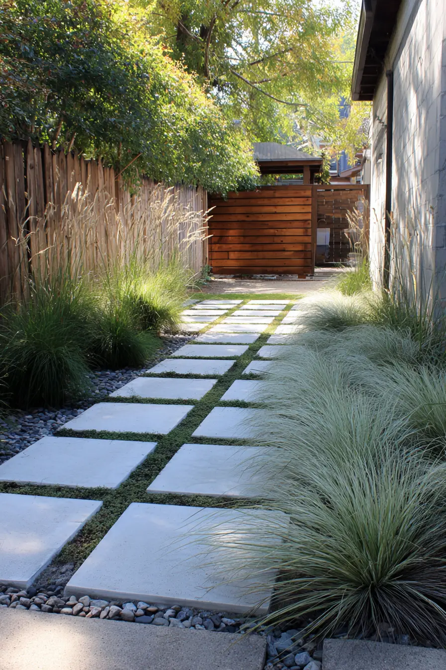 Modern Grassy Path with Geometric Pavers