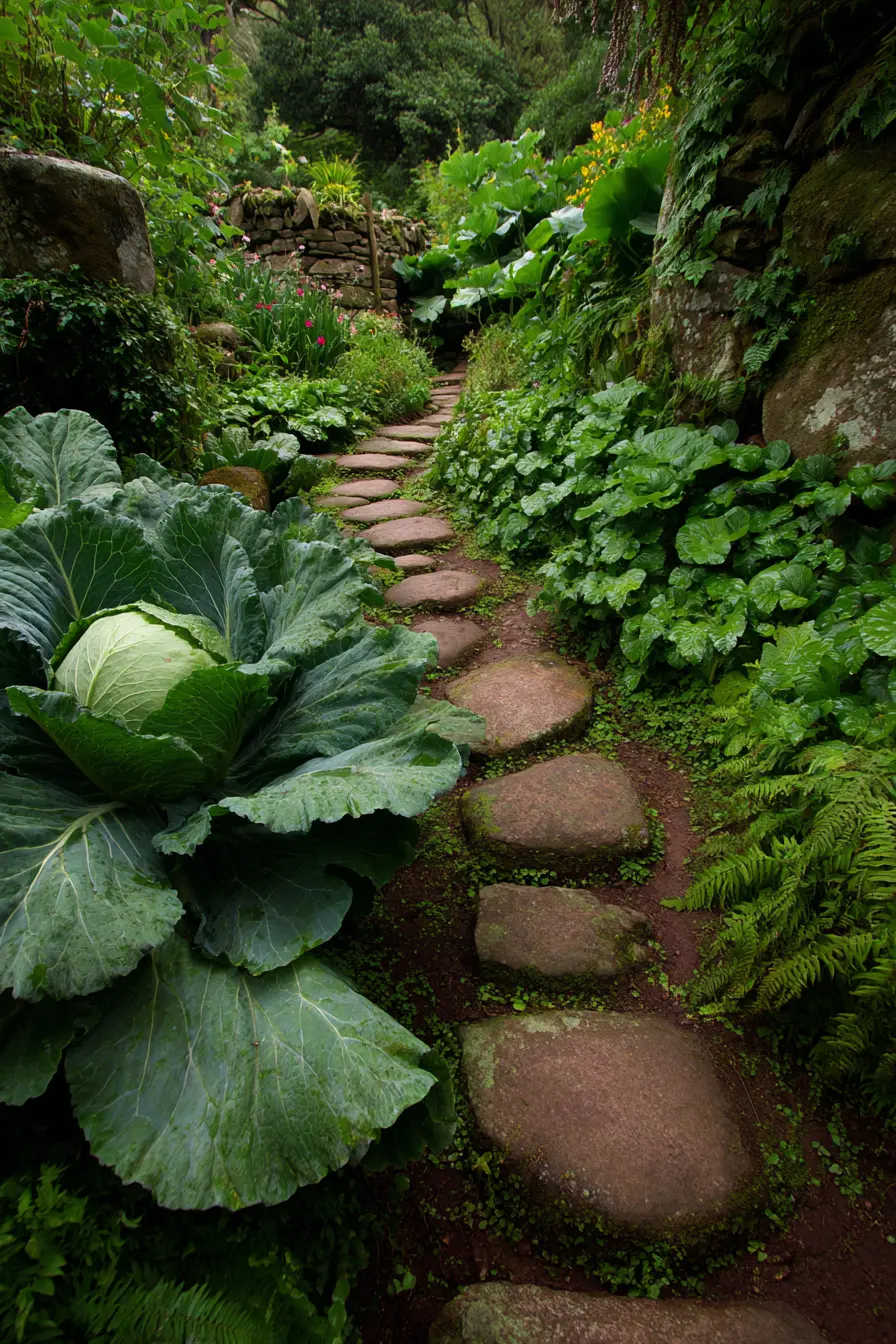 Stepping Stone Path Through a Lush Vegetable Garden