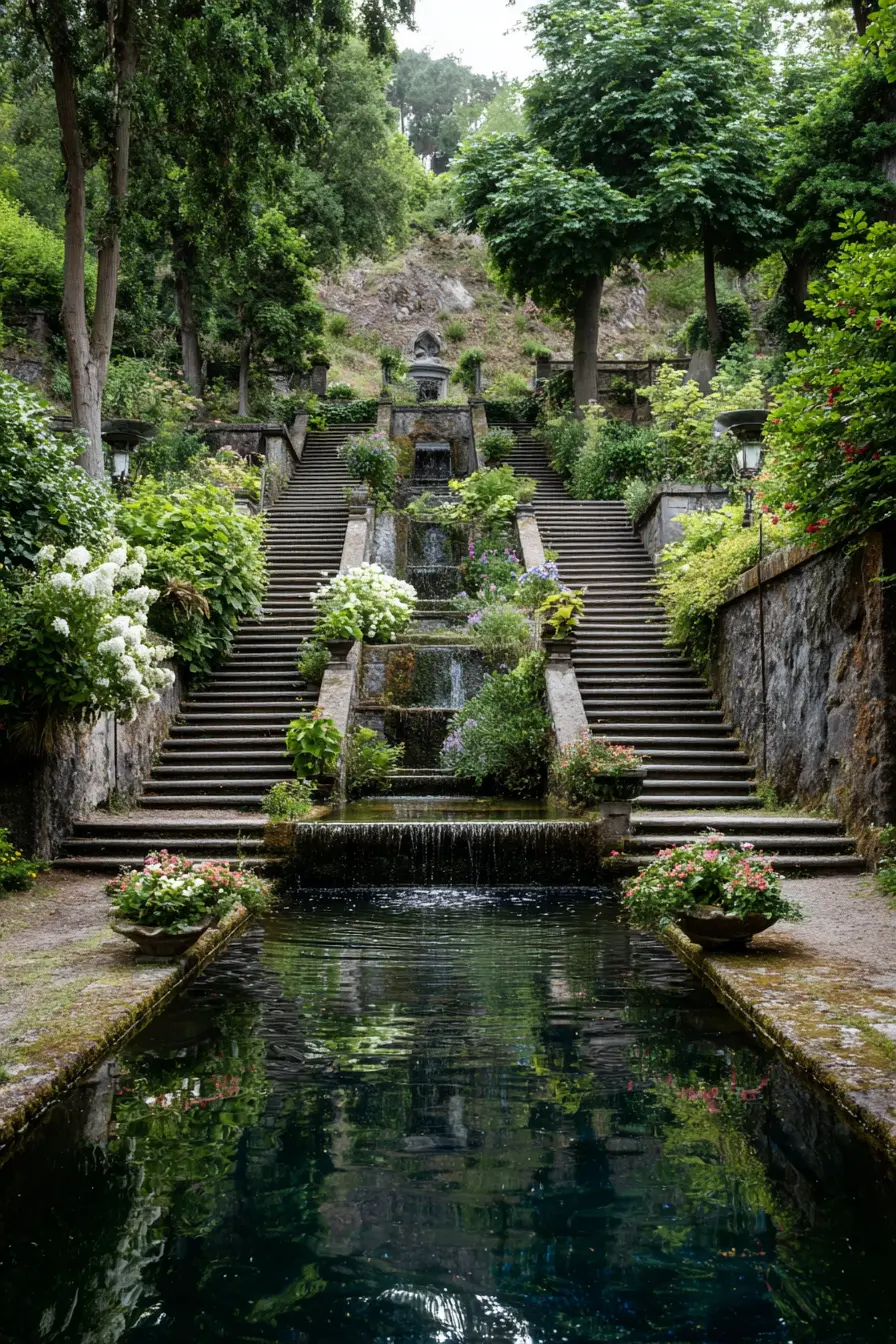 Grand Concrete Stairs with Cascading Water Feature