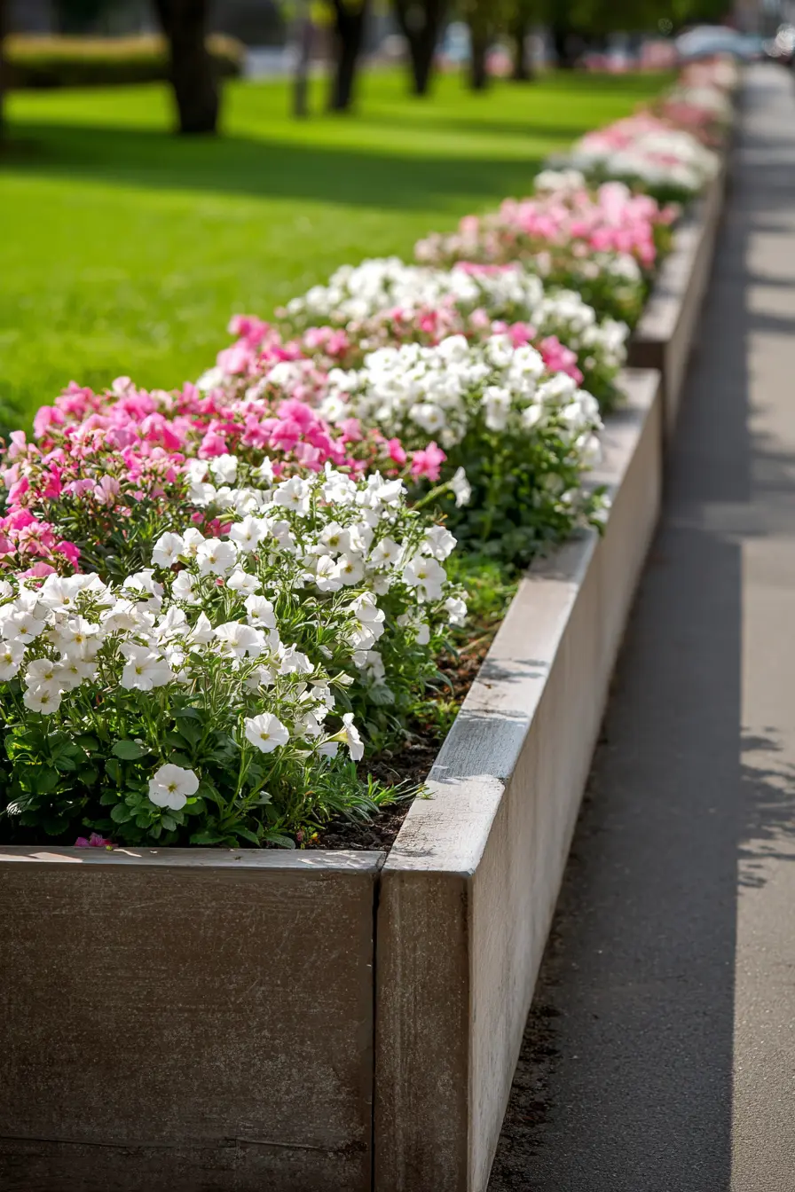 Raised Concrete Border with Colorful Petunias