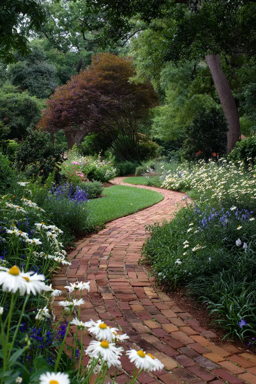 Rustic Brick Pavers Winding Through a Garden
