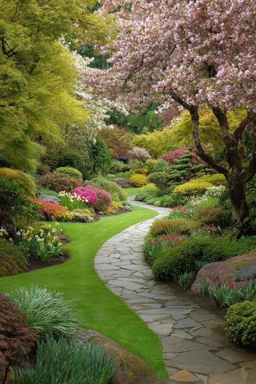 Garden Walkway with Blossoms and Colorful Shrubs