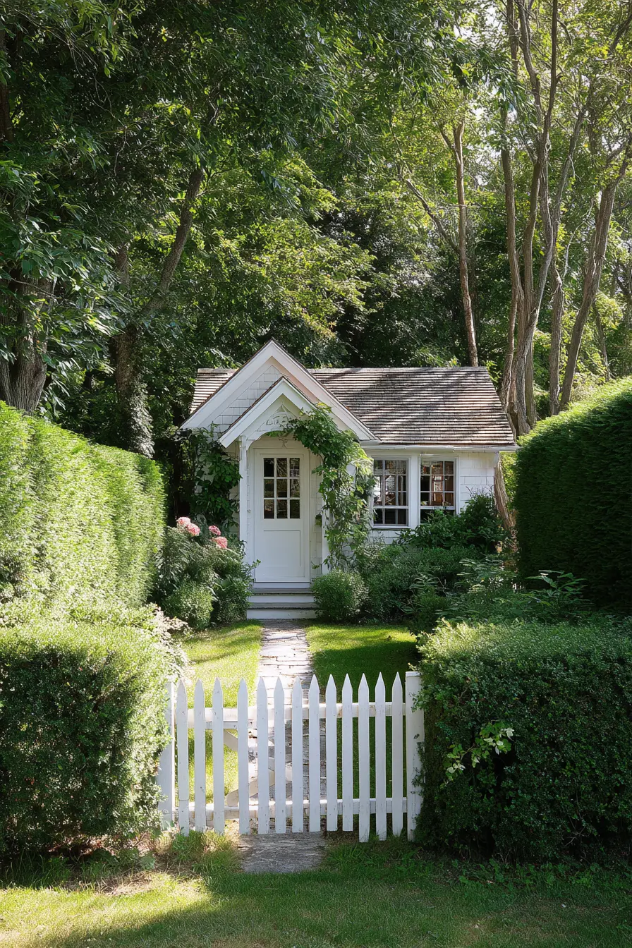 White Picket Gate with Lush Green Hedges