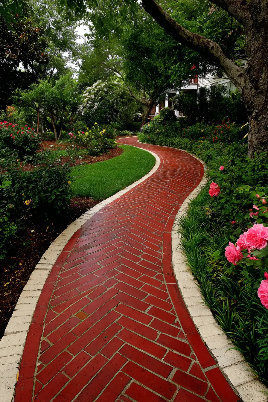 Classic Red Brick Paver Garden Path