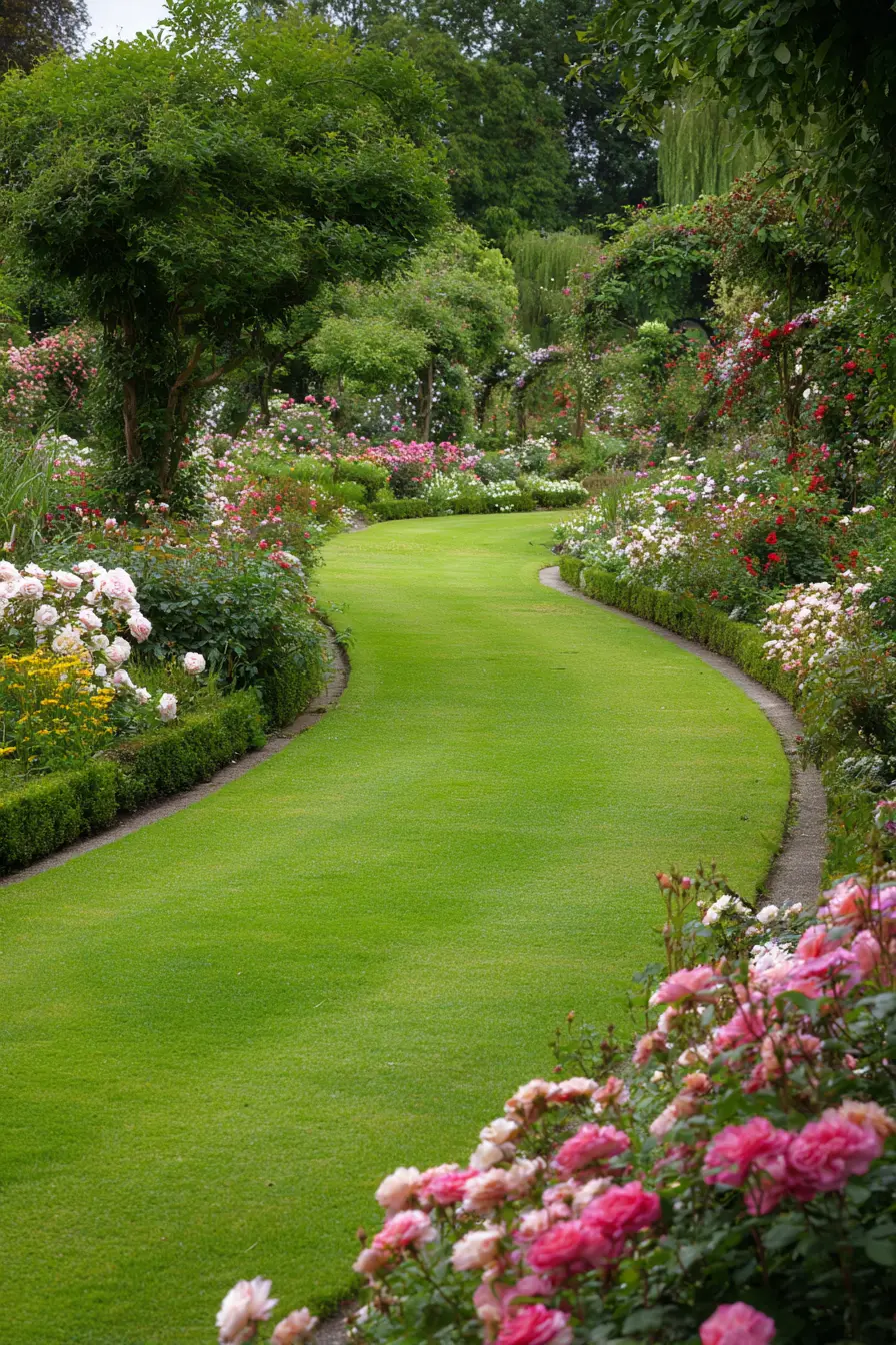 Grass Walkway Surrounded by Roses