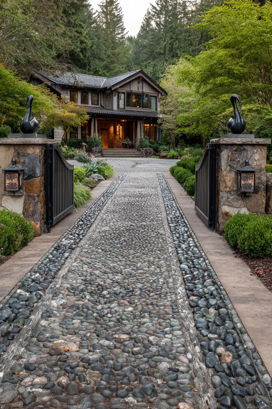 Elegant River Rock Driveway with Gated Entrance