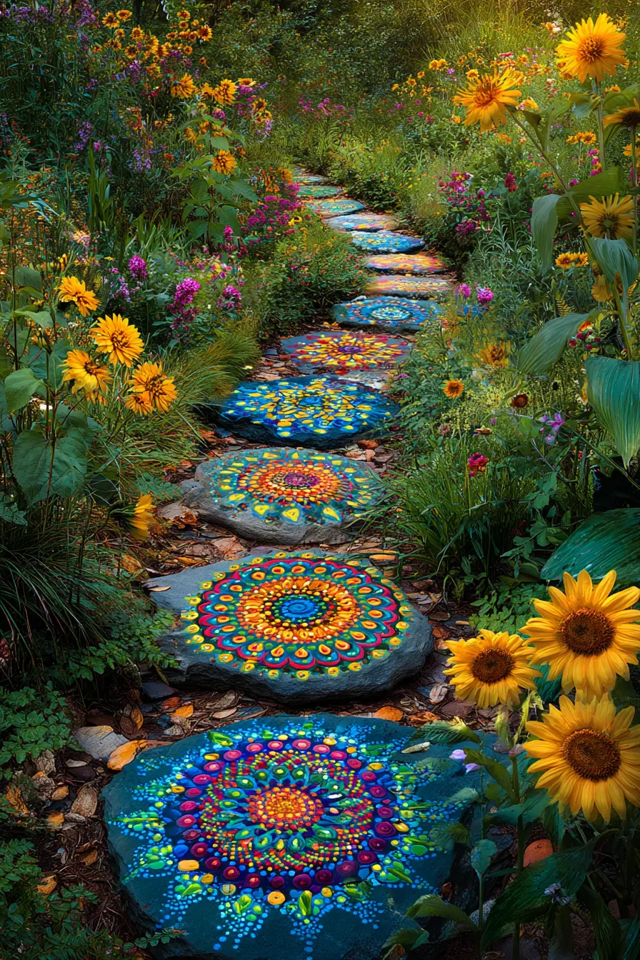 Colorful Painted Stepping Stones in Garden Path