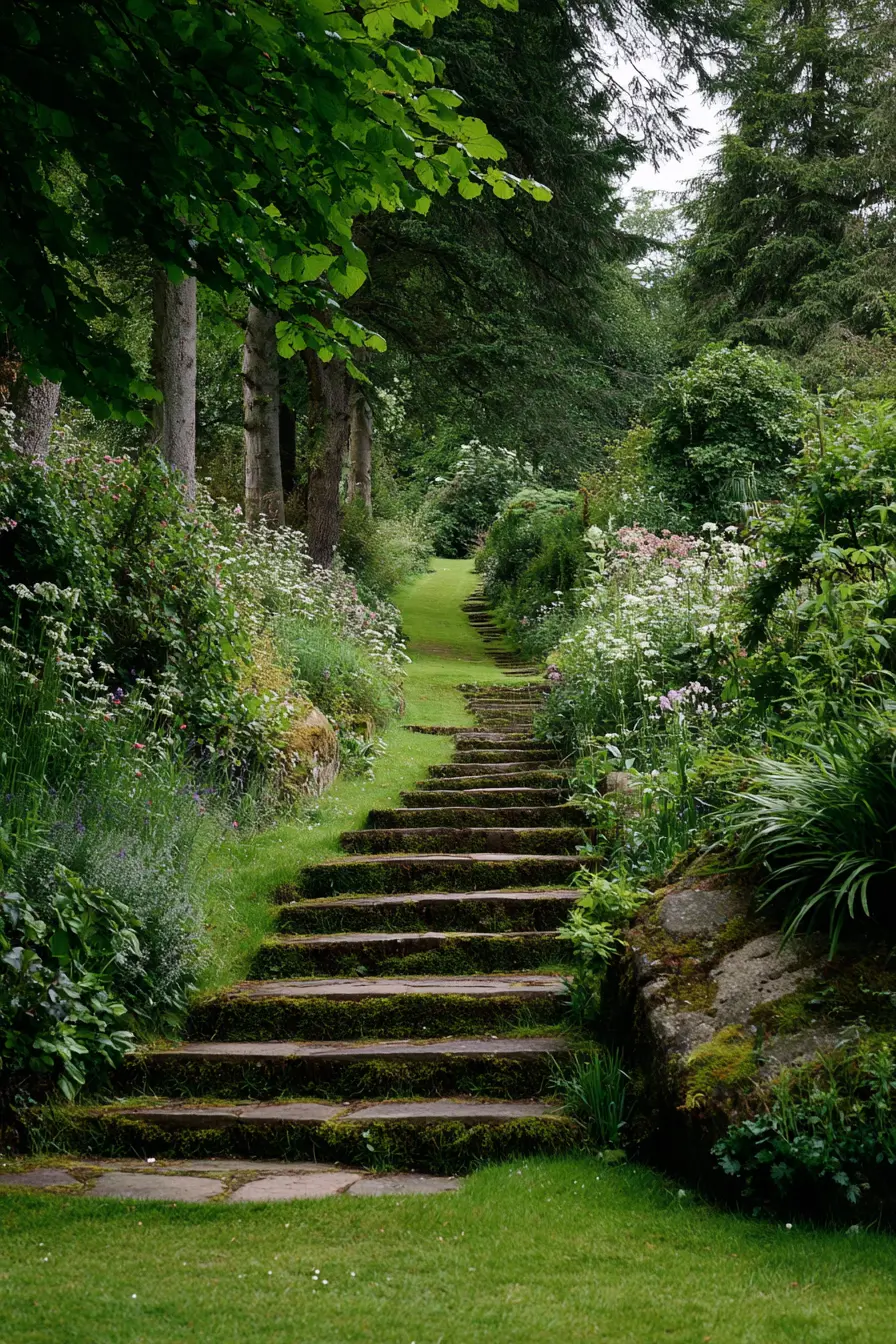 Mossy Garden Stairs Through Woodland Path