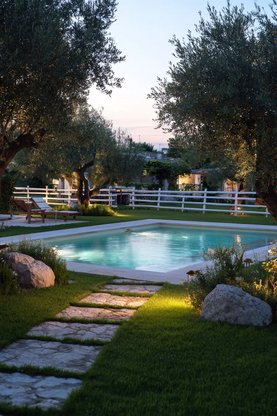 Relaxing Poolside with Grass and Stone Pavers