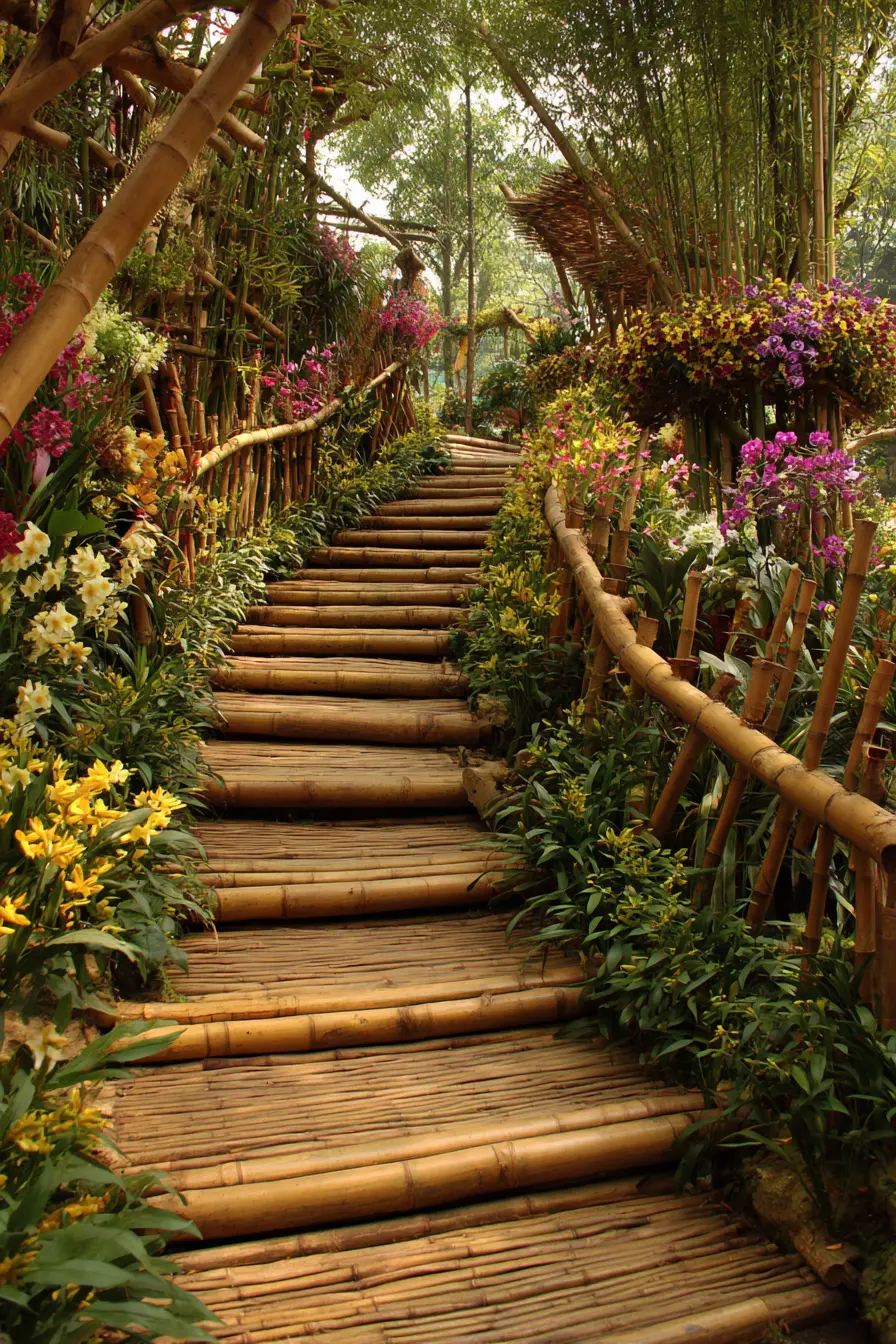 Bamboo Stair Risers with Tropical Garden Charm