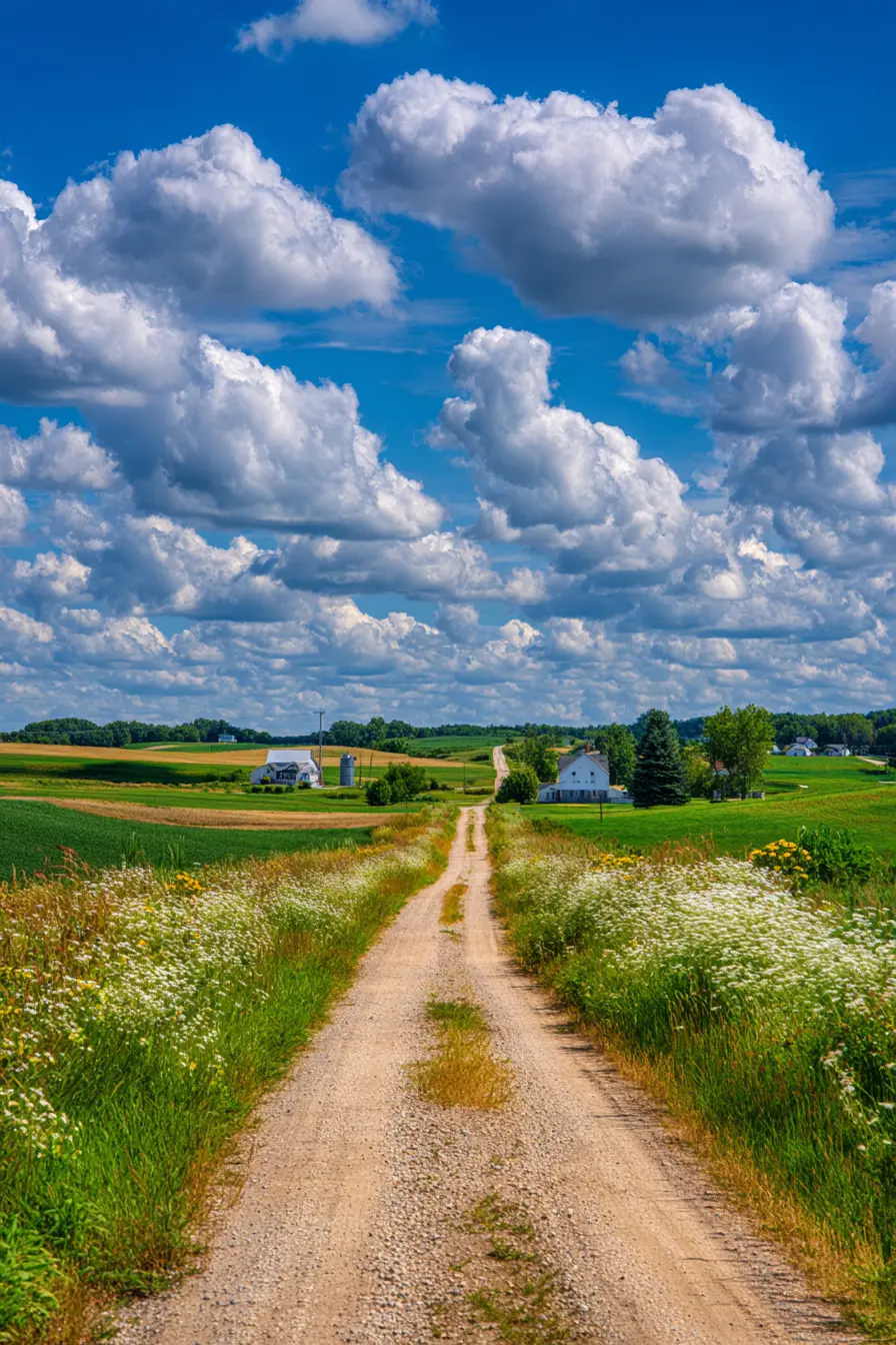 Country Lane Through Open Fields