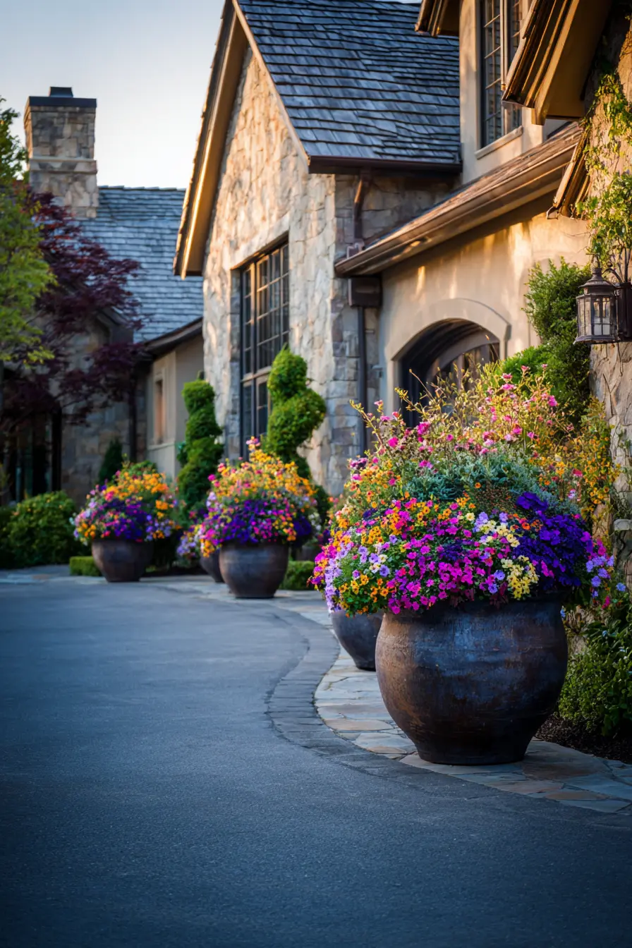 Driveway Entrance with Overflowing Planters