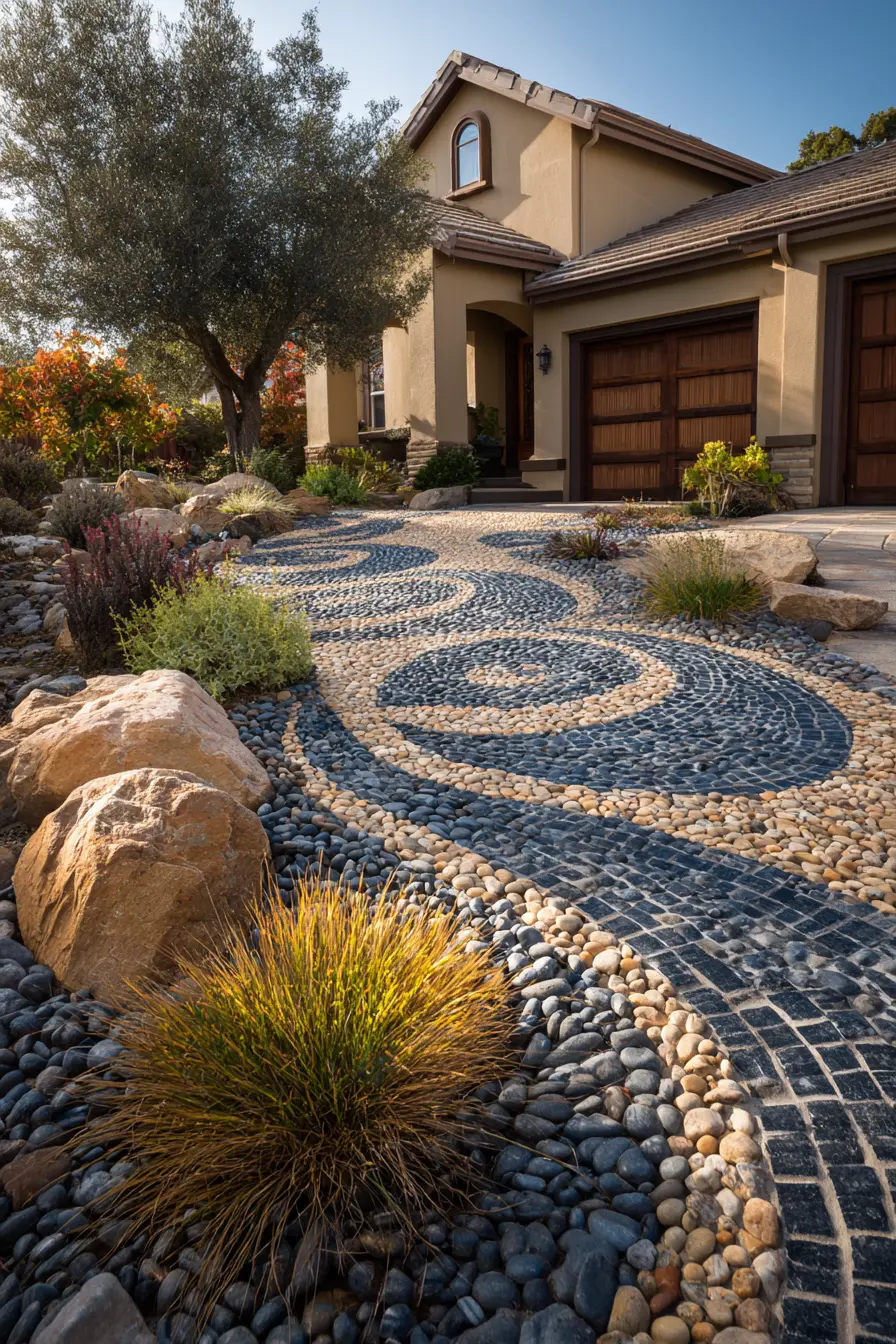 Artistic Pebble Mosaic Driveway Design