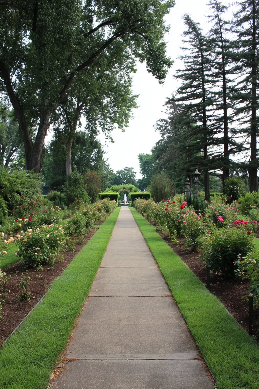Classic Straight Cement Walkway through Rose Garden