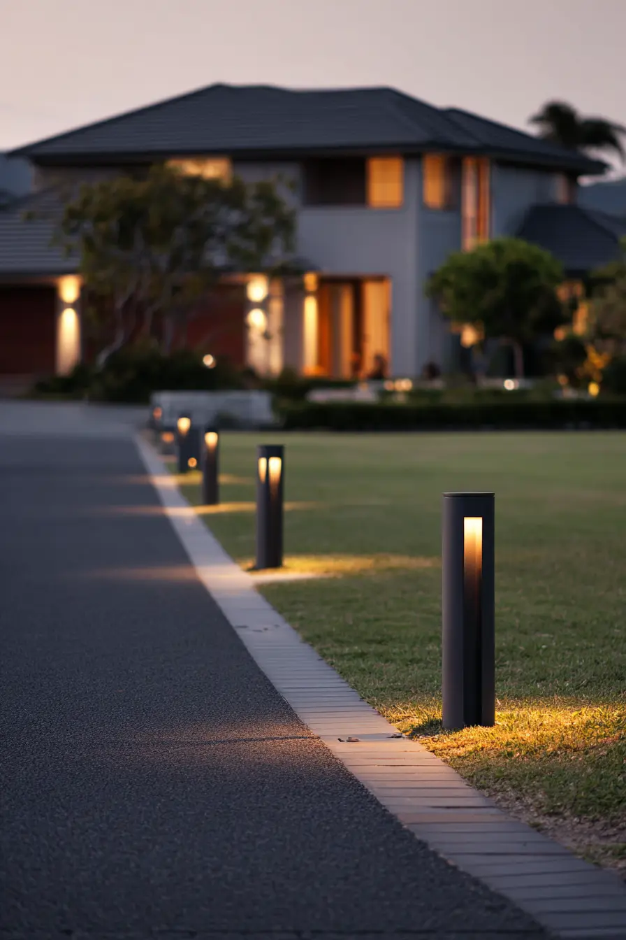 Driveway Entrance with Contemporary Bollard Lighting