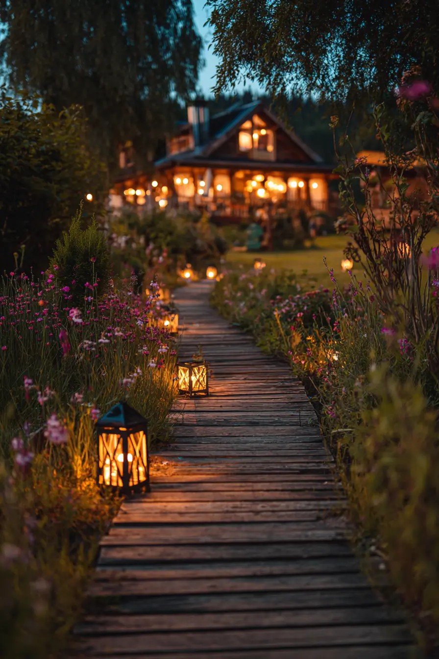 Wooden Pathway with Lantern Lighting