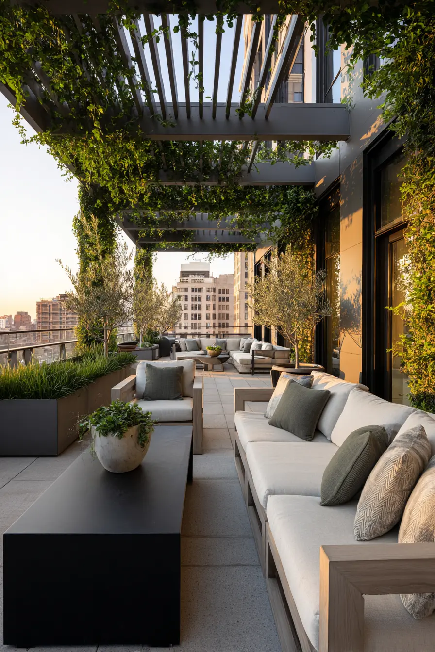 Rooftop Patio with Lush Pergola Design