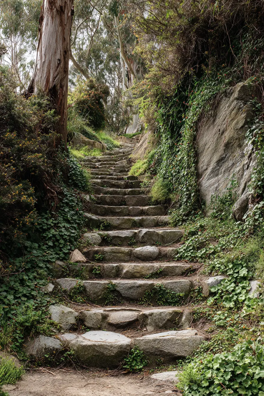 Rustic Stone Steps Framed by Lush Greenery