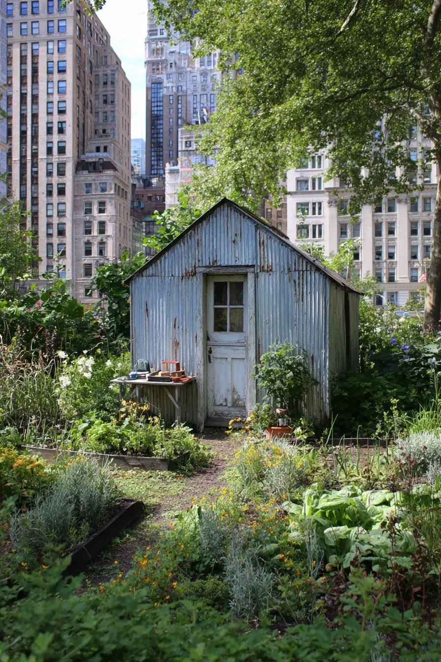 Weathered Blue Metal Shed with Urban Charm