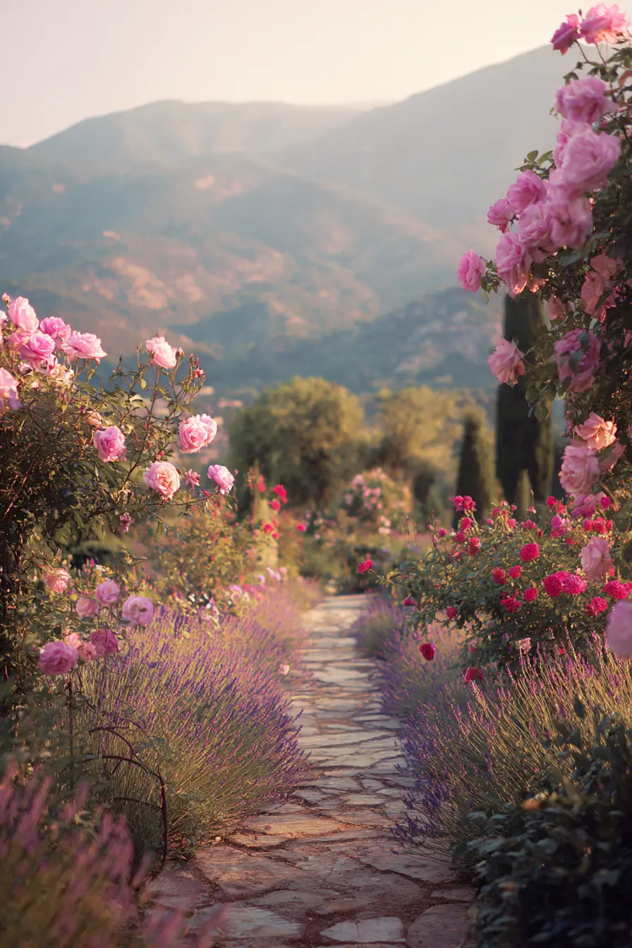 Romantic Stone Driveway Lined with Blooming Roses