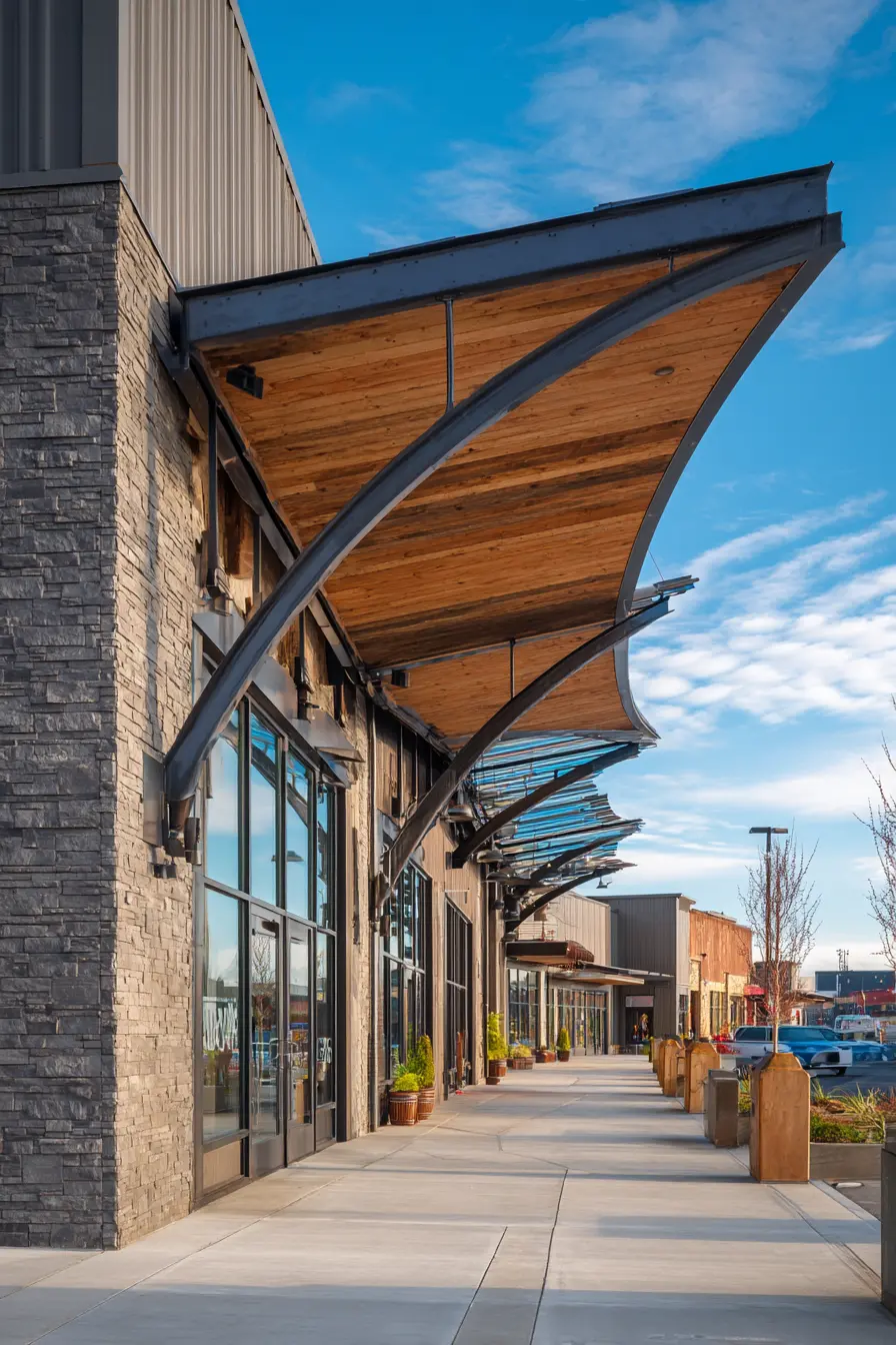 Commercial Walkway with Curved Overhang Roofs
