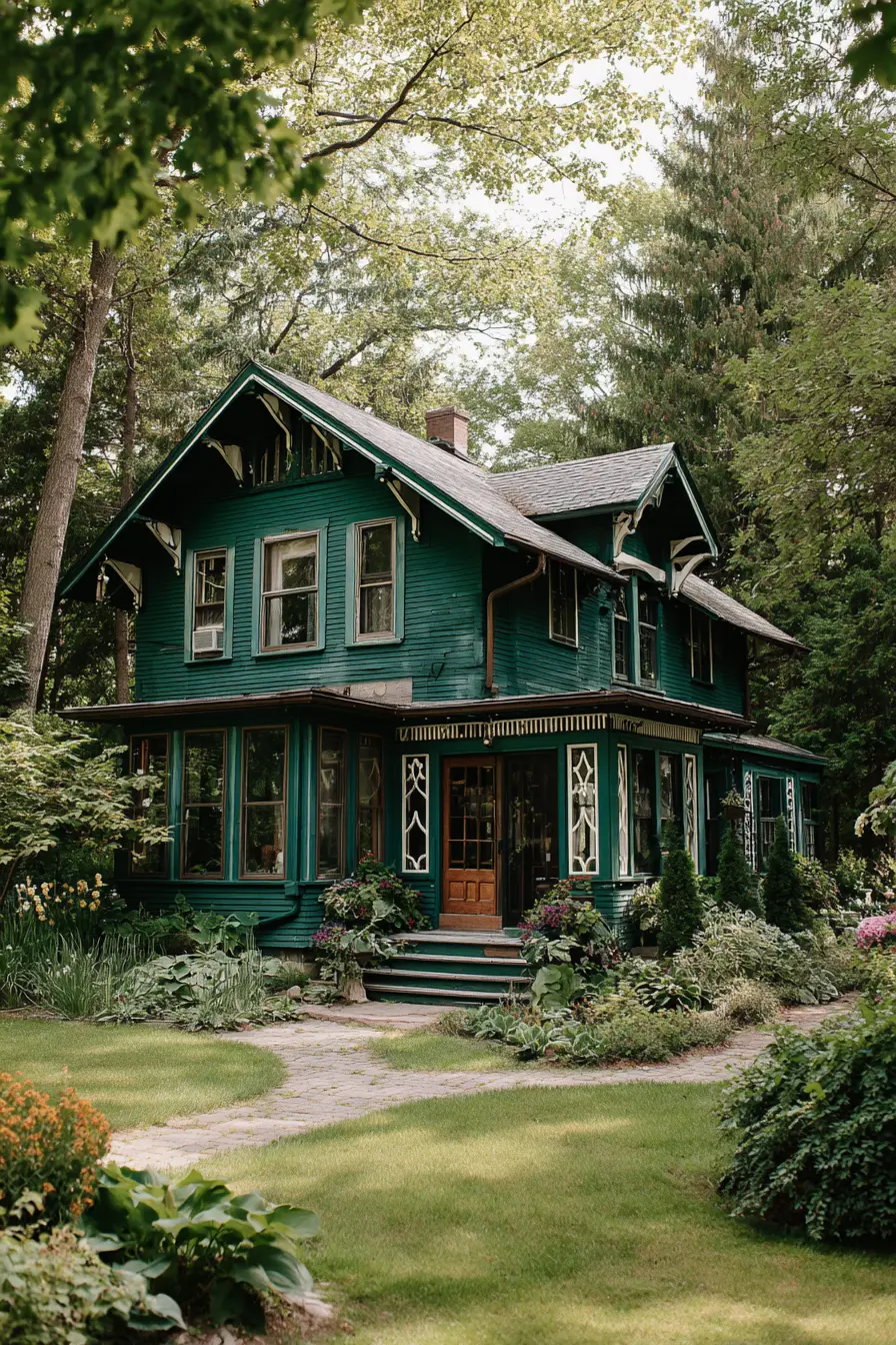 Vintage Dark Green Victorian Surrounded by Lush Garden