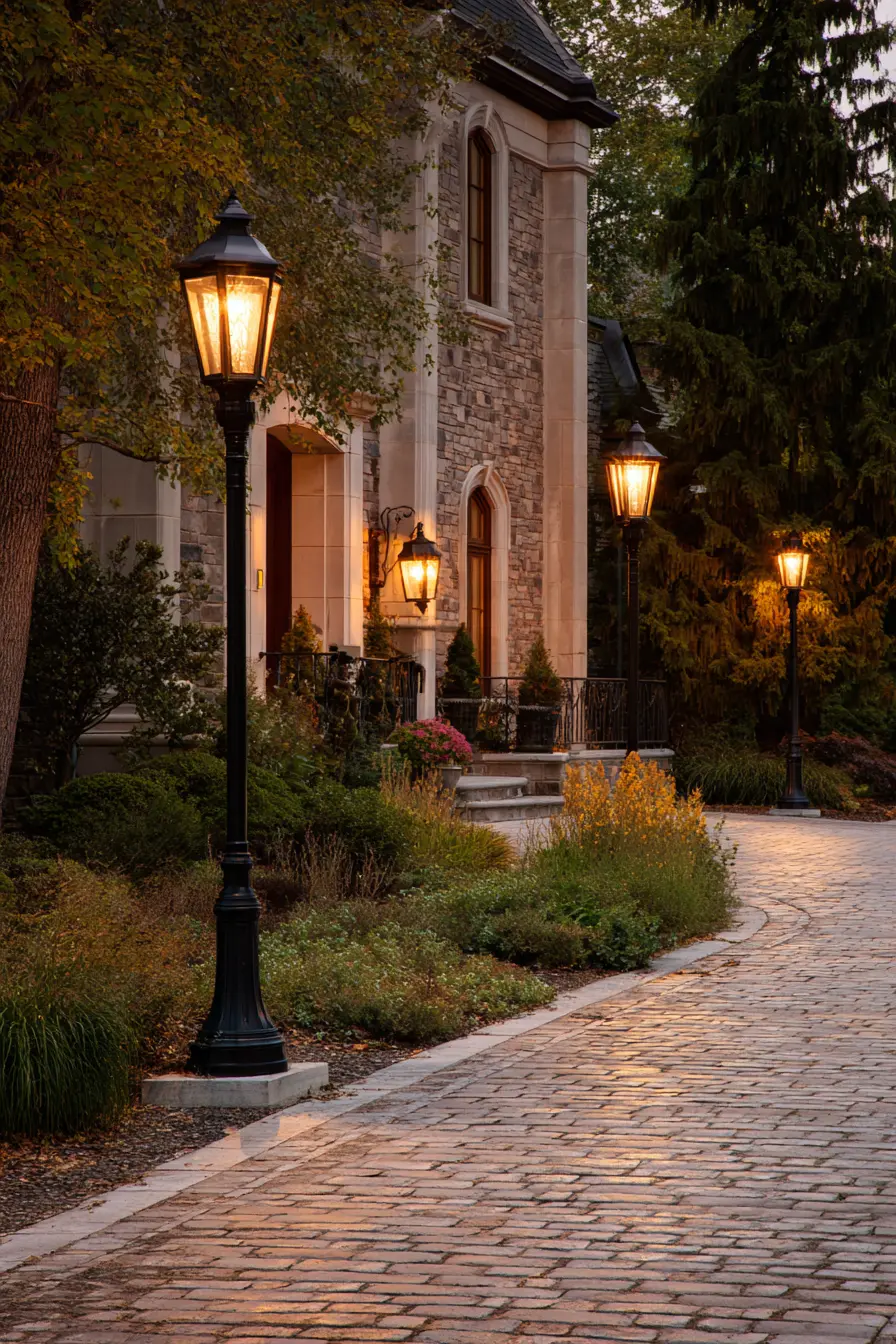 Cobblestone Driveway with Elegant Lantern Lighting