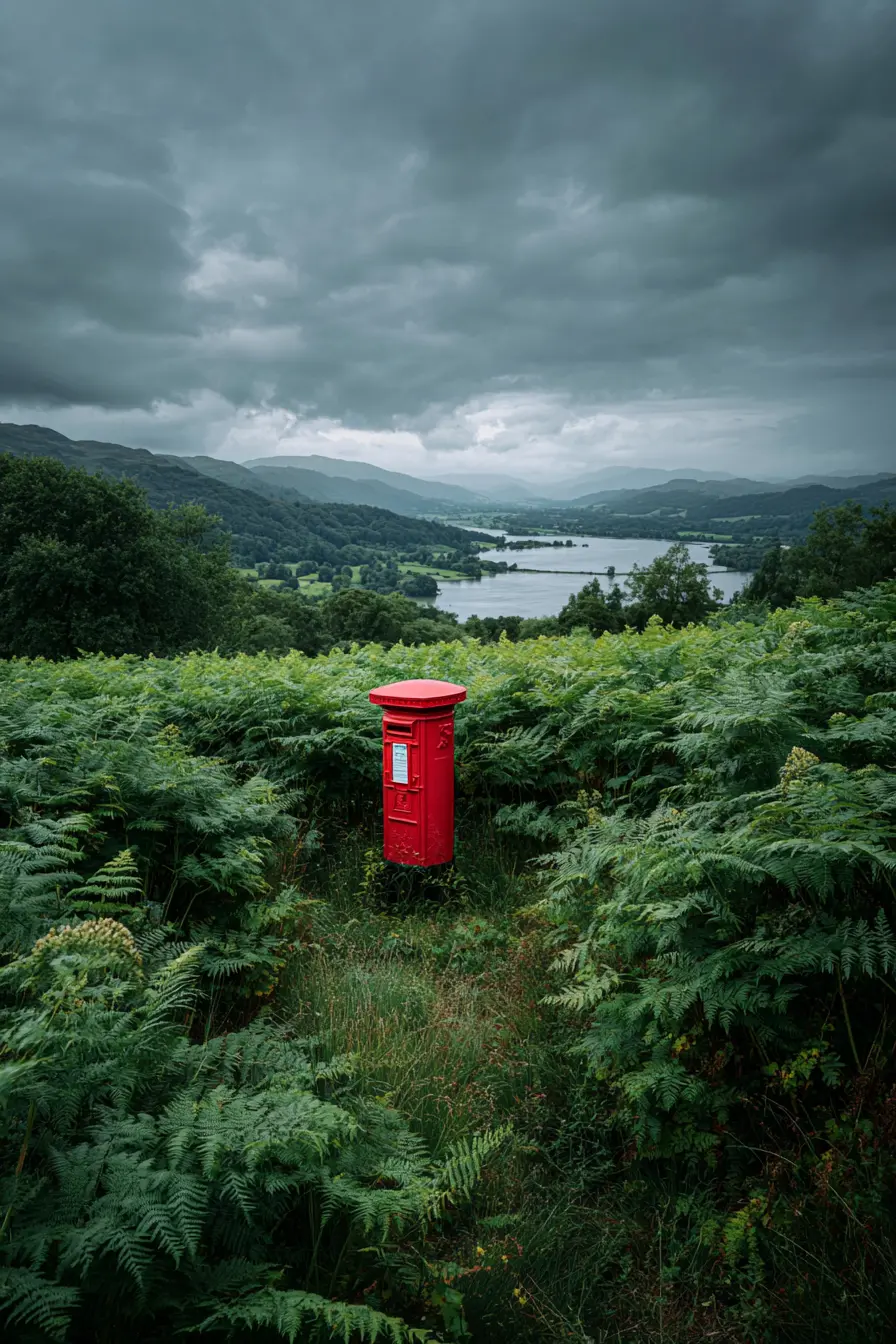 Bold Red Mailbox in a Scenic Landscape