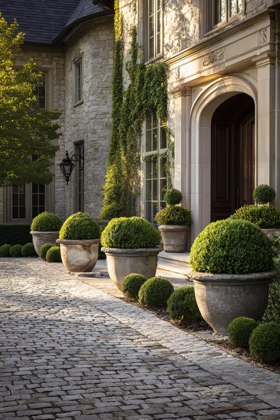 Elegant Stone Driveway Planters with Shaped Boxwood