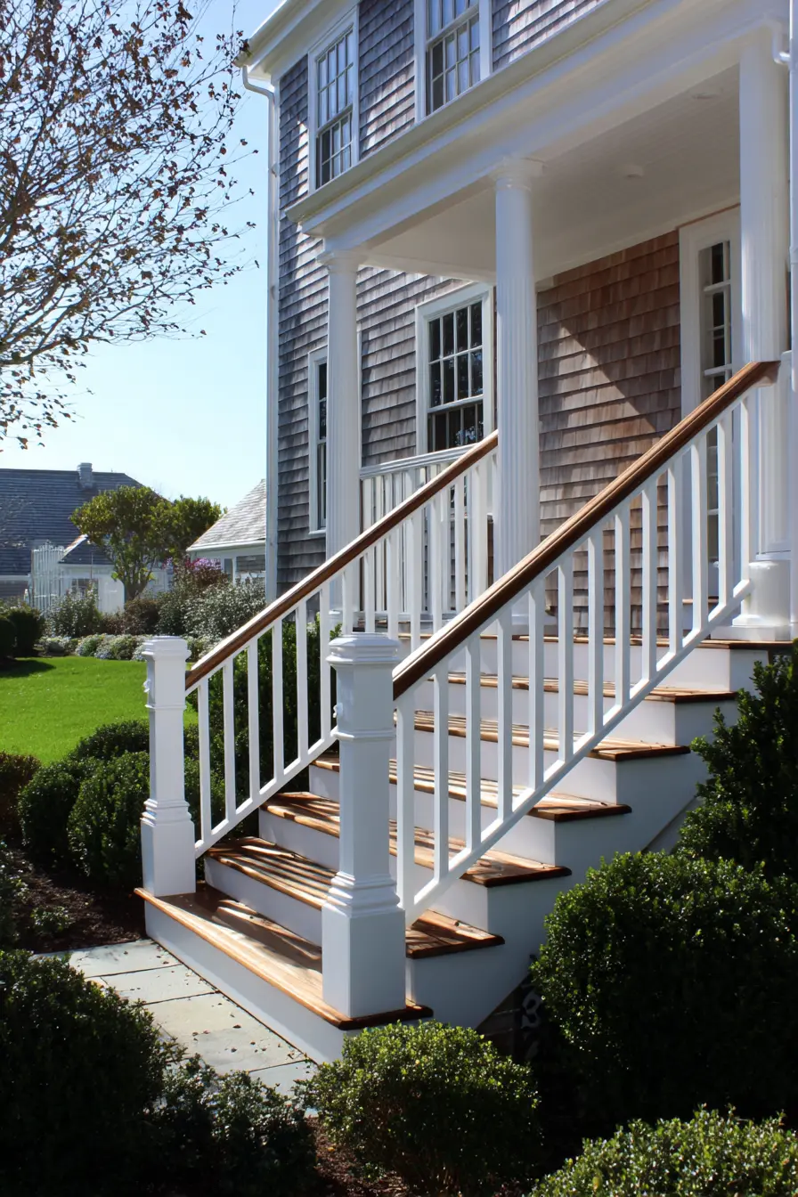 Classic White Ramp Handrail with Wooden Accents