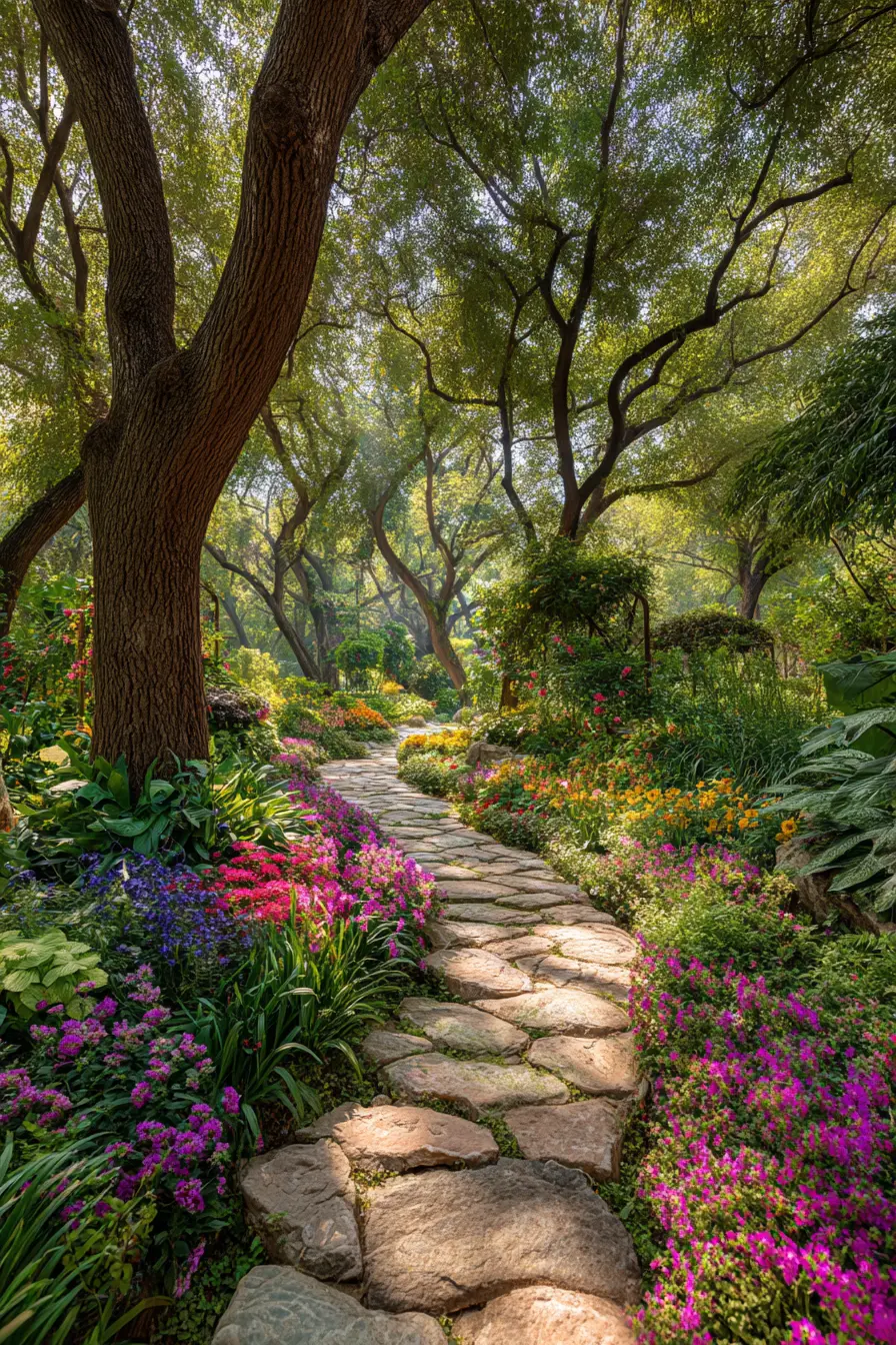 Wooden Garden Steps Framed with Blooming Borders