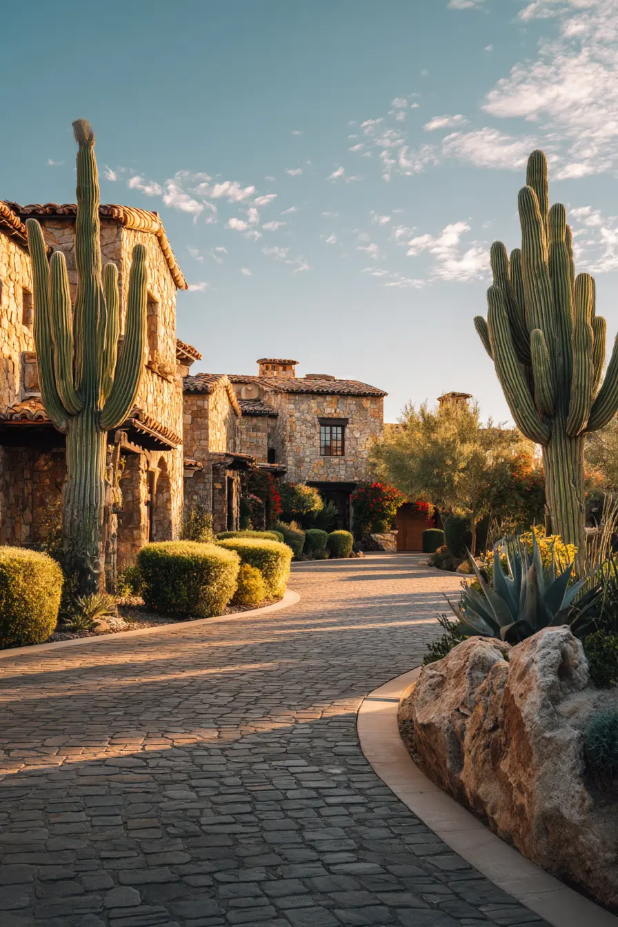 Desert-Inspired Driveway Divider with Cactus and Stone