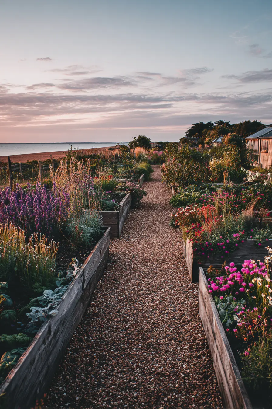Coastal Garden Driveway with Pea Gravel Path