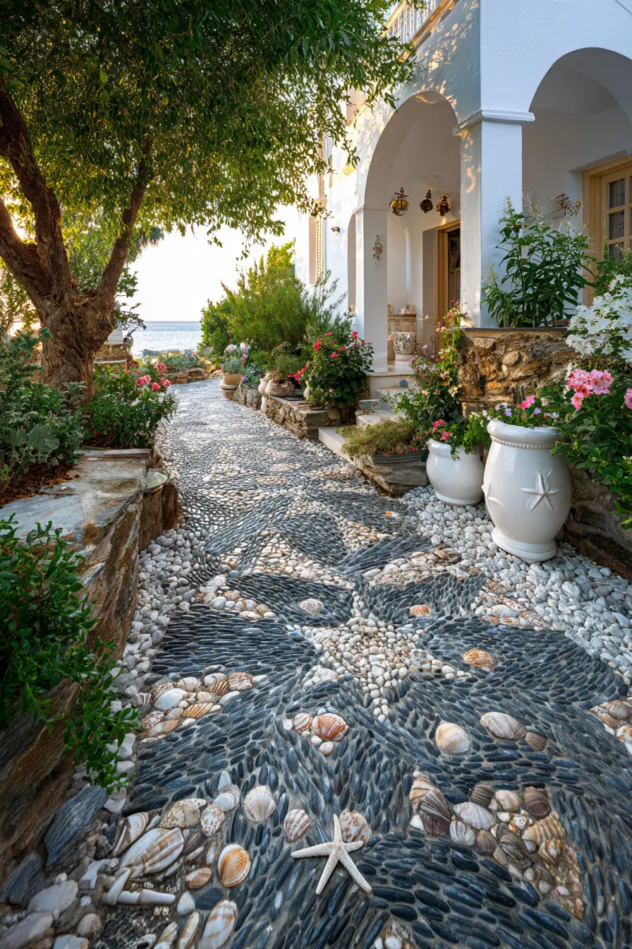Coastal Pebble Walkway with Seashell Accents