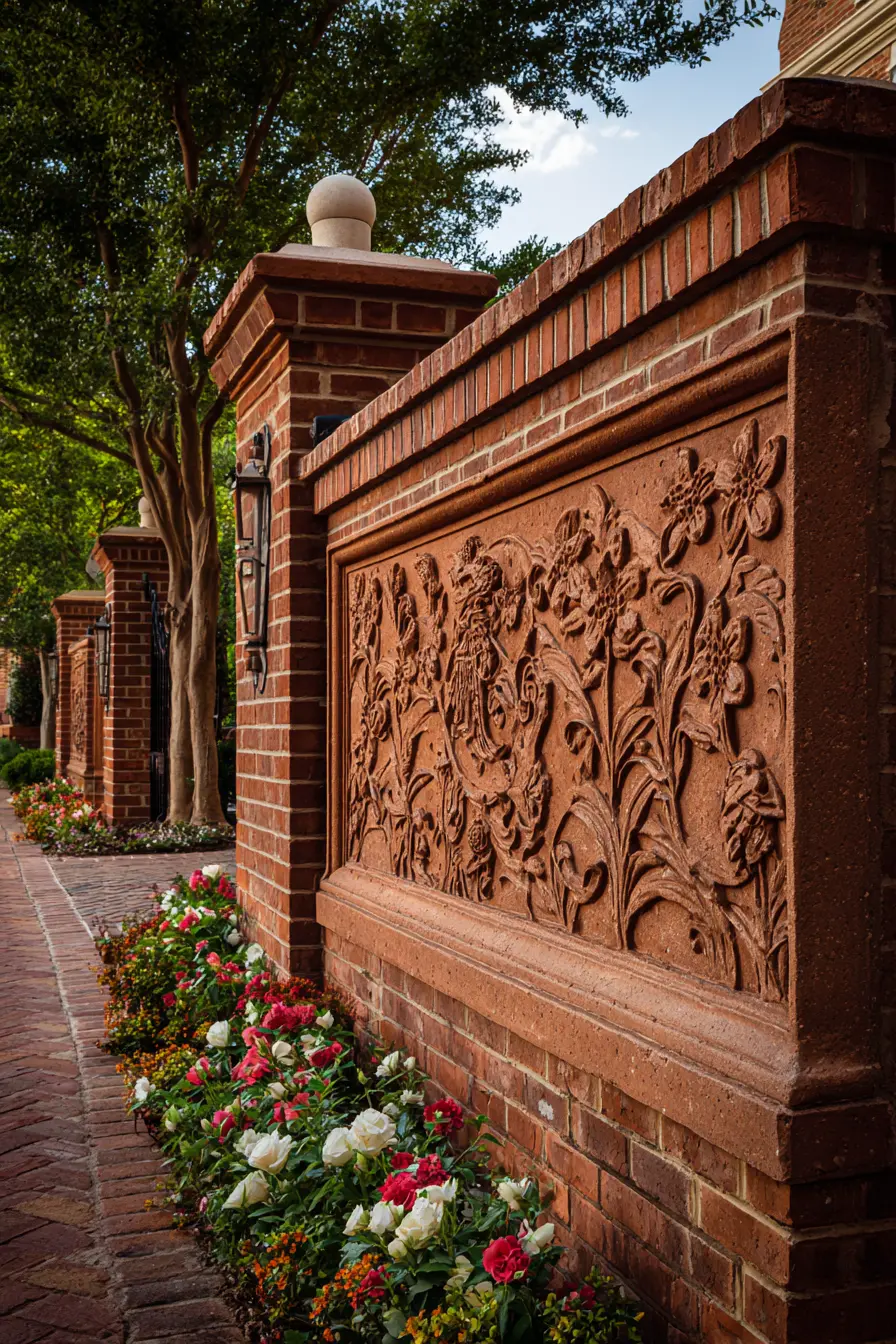 Decorative Brick Driveway Wall with Floral Carvings