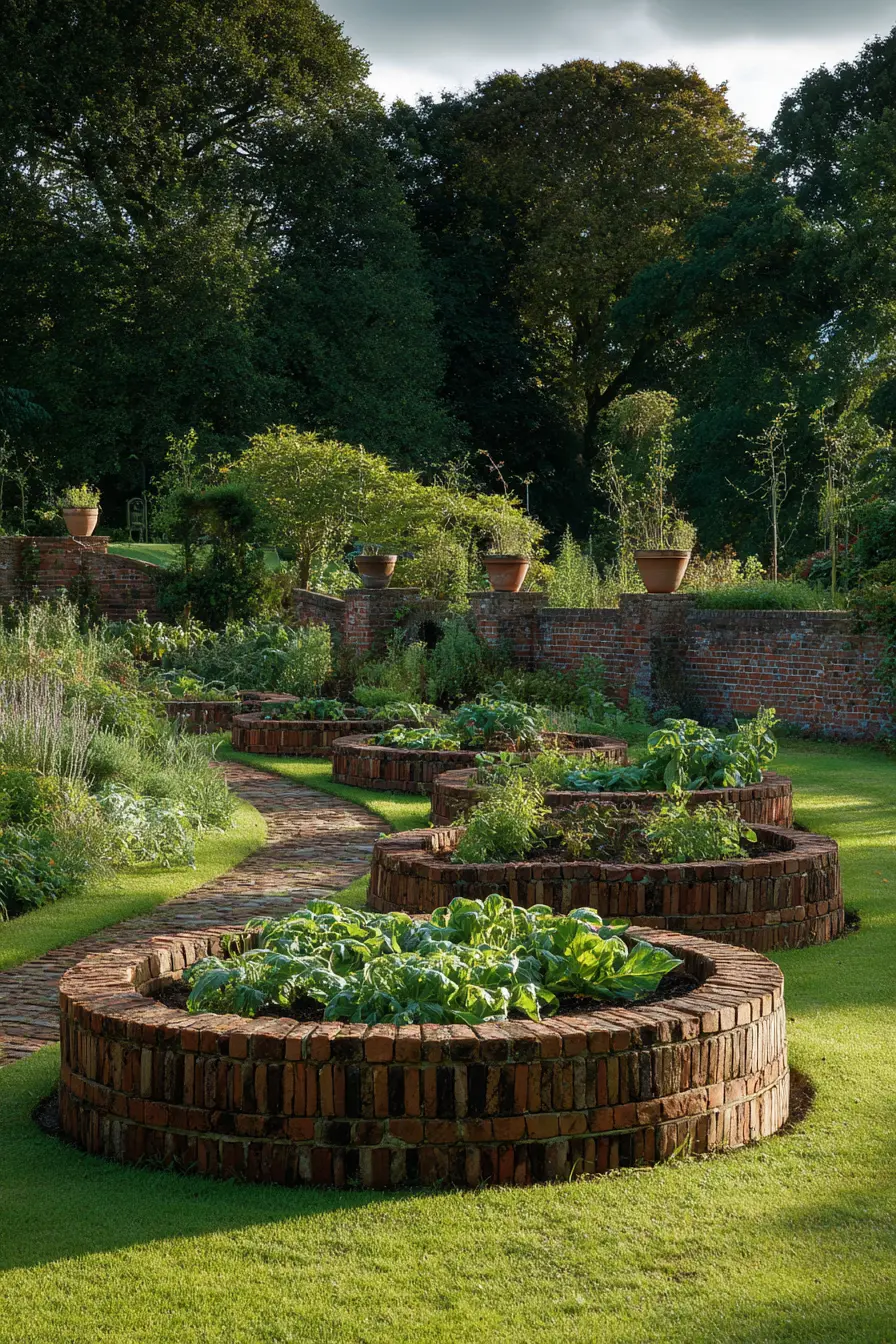 Series of Circular Brick Raised Beds in Garden Design