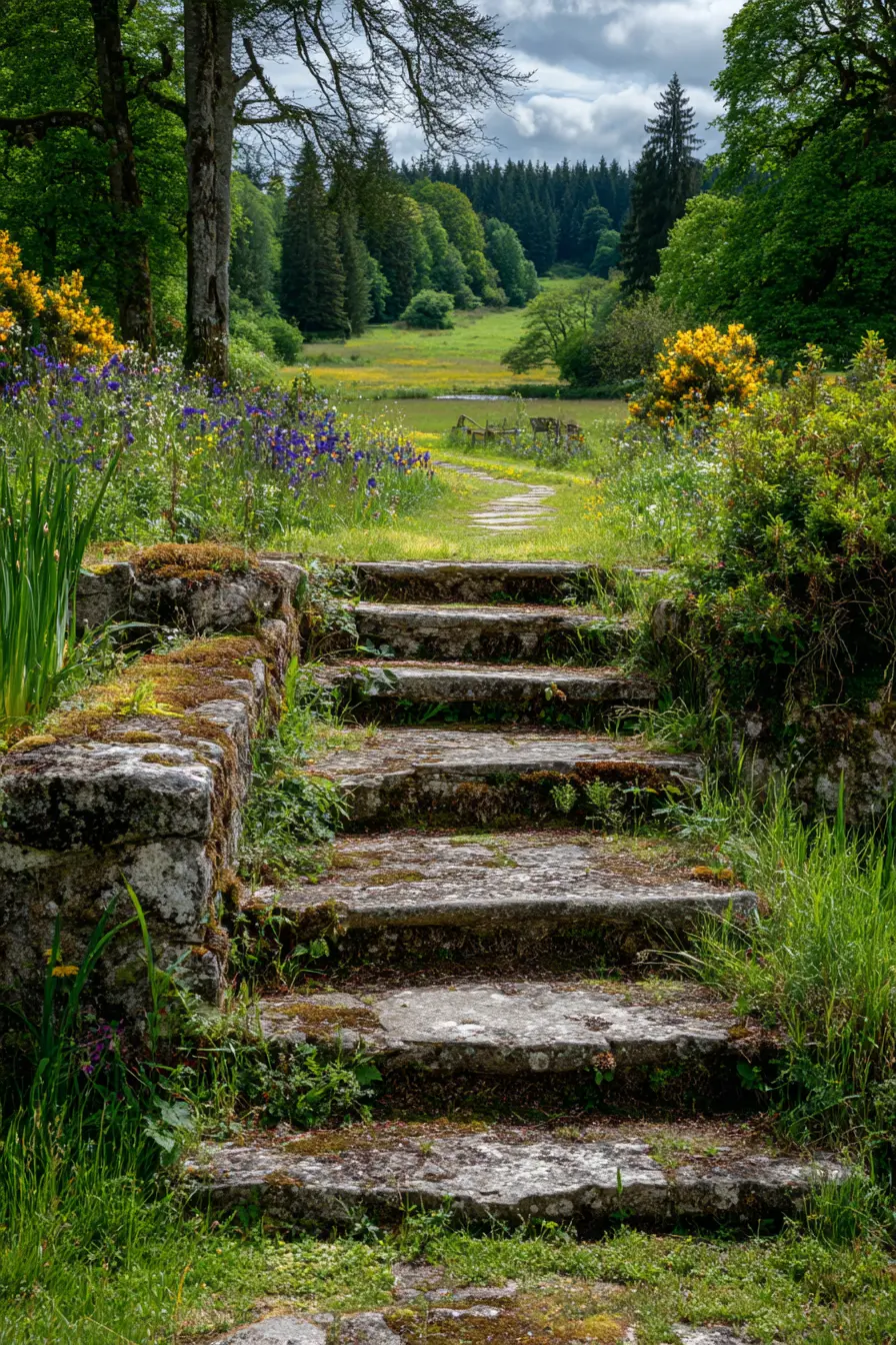 Moss-Covered Steps in a Meadow Garden