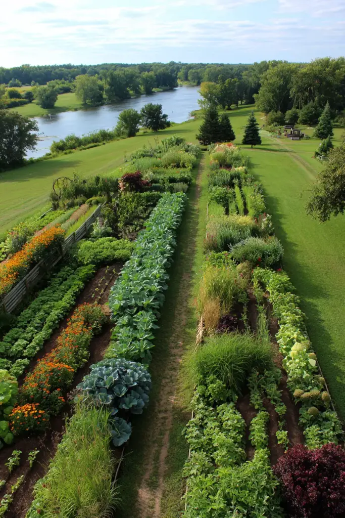 Grass Pathway Along a Riverside Vegetable Garden