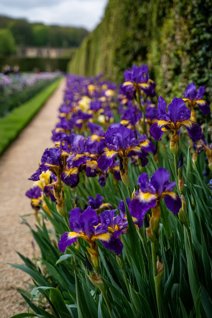 Striking Iris Border Along a Garden Path