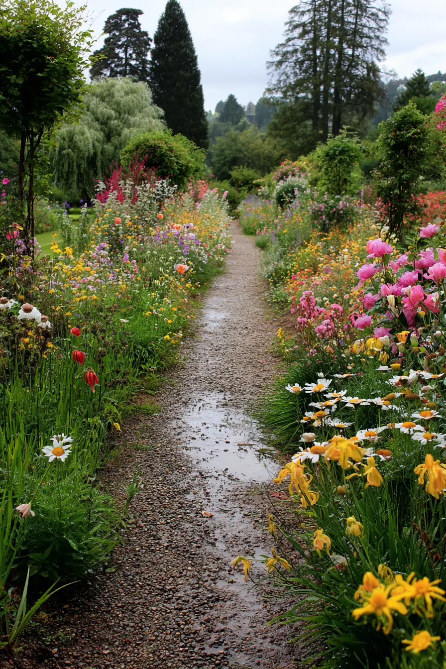 Gravel Pathway Surrounded by Colorful Wildflowers