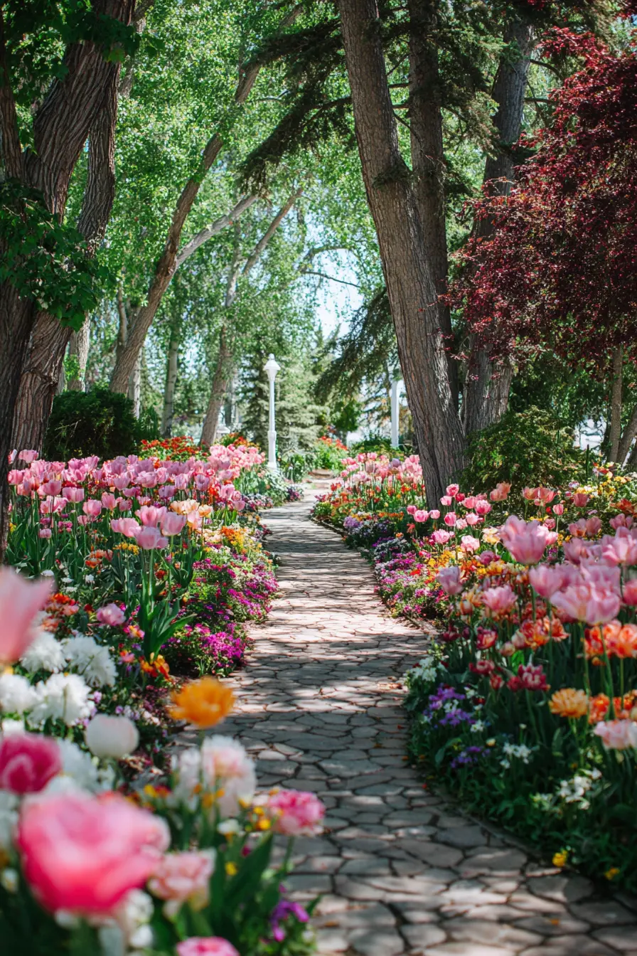 Tulip Walkway with Colorful Garden Borders