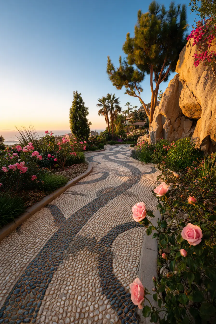 Artistic Pebble and Brick Paver Walkway