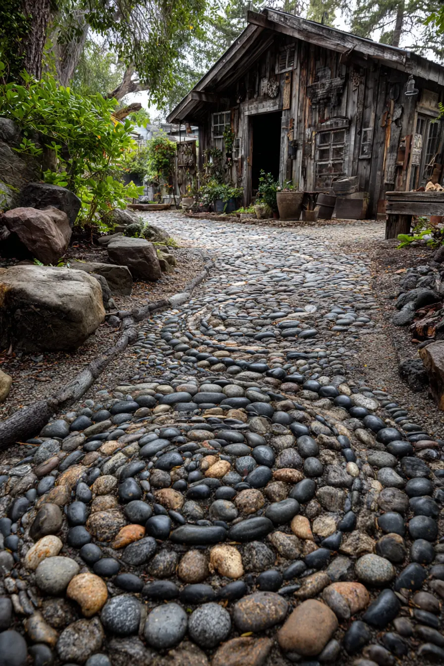 Pebble Mosaic Walkway to a Rustic Shed